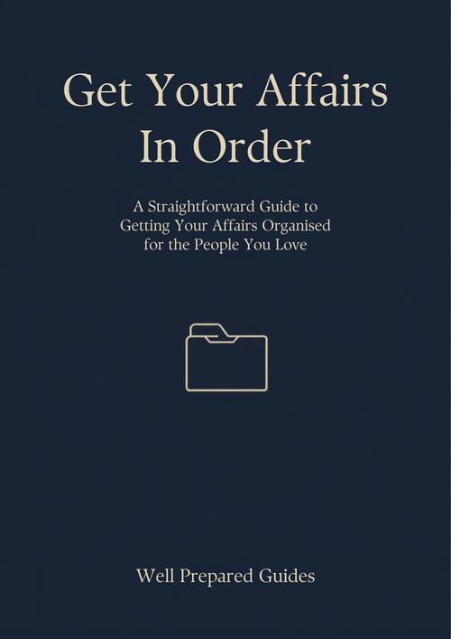 Get Your Affairs In Order guide cover - navy and cream, folder icon